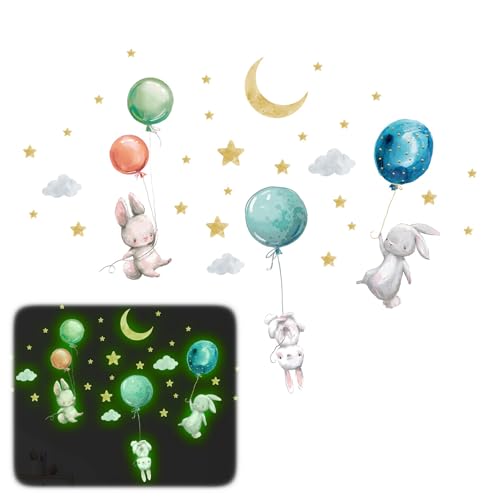Leuchtsterne Kinderzimmer, Hase Sternenhimmel Luftballon Wandsticker Kinderzimmer, Wasserfeste PVC Wandtattoo Selbstklebend für Junge Mädchen Schlafzimmer Spielzimmer Babyzimmer Leuchtsterne Kinderzimmer, Hase Sternenhimmel Luftballon Wandsticker Kinderzimmer, Wasserfeste PVC Wandtattoo Selbstklebend für Junge Mädchen Schlafzimmer Spielzimmer Babyzimmer von CALLYSONIC