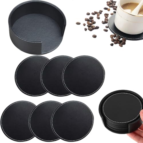Untersetzer Gläser Set, Kunstleder Tischuntersetzer, Glasuntersetzer mit Halter, Glas Untersetzer-Set, Strapazierfähig und Rutschfest, Tisch Untersetzer-Set, Coasters für Gläser Coffee Bar (schwarz 1) von CALLYSONIC