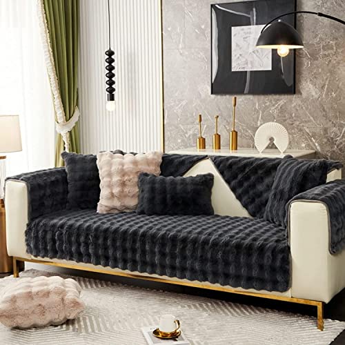 CALMR Kaninchen Plüsch Sofabezug 1 2 3 4-Sitzer Sofa Ecksofa Rutschfester Sofaüberwurf Uni L-Form Sofaüberwurf Haustiere Hund Couchbezug Sofaschutzkissen,Black-70x180cm von CALMR