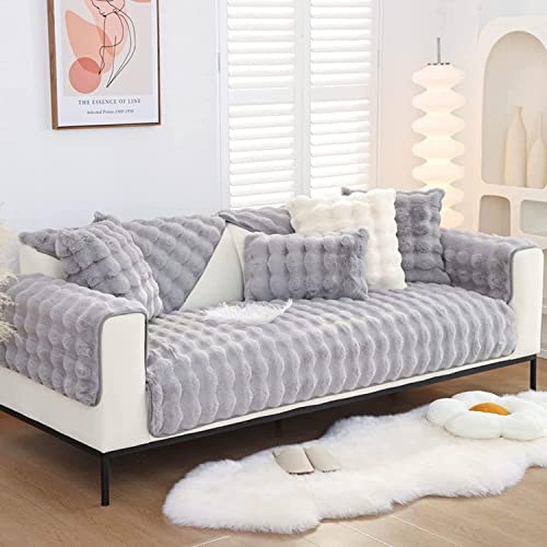 CALMR Kaninchen Plüsch Sofabezug 1 2 3 4-Sitzer Sofa Ecksofa Rutschfester Sofaüberwurf Uni L-Form Sofaüberwurf Haustiere Hund Couchbezug Sofaschutzkissen,Gray-90x210cm von CALMR