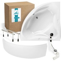 Calmwaters® Eckbadewanne Komplettset 140x140 cm mit Schürze, Wannenfüßen & Ablaufgarnitur, Acrylwanne Original, Duowanne für 2, Set Badewanne von CALMWATERS