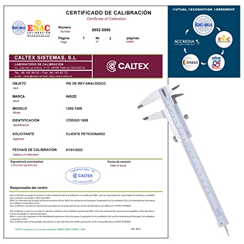 Messschieber kalibriert INSIZE 1205-150S kalibrierzertifikat akkreditiert (akzeptiert von DAkkS) von CALTEX CALIBRATED INSTRUMENTS