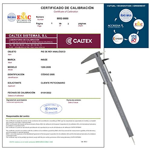 Messschieber kalibriert INSIZE 1205-200S kalibriert kalibrierzertifikat akkreditiert (akzeptiert von DAkkS) von CALTEX CALIBRATED INSTRUMENTS