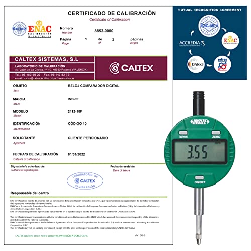 Messuhren kalibriert INSIZE 2112-10F kalibrierzertifikat akkreditiert (akzeptiert von DAkkS) von CALTEX CALIBRATED INSTRUMENTS