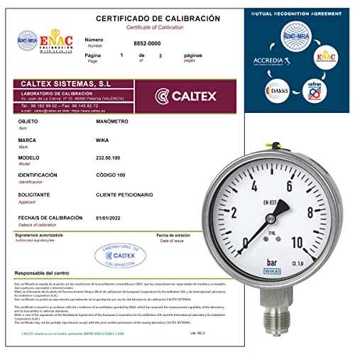 WIKA Series 232.50.100 Kalibrierungs-Manometer mit akkreditiertem Kalibrierungszertifikat (COFRAC akzeptiert) (0 bis 10 bar) von CALTEX CALIBRATED INSTRUMENTS