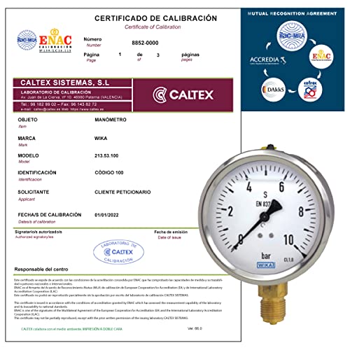 Zertifizierter Manometer WIKA 9022678 (Bereich: 0 bis 100 bar), ENAC-Kalibrierungsmanometer, inklusive akkreditierten Kalibrierungszertifikat von CALTEX CALIBRATED INSTRUMENTS