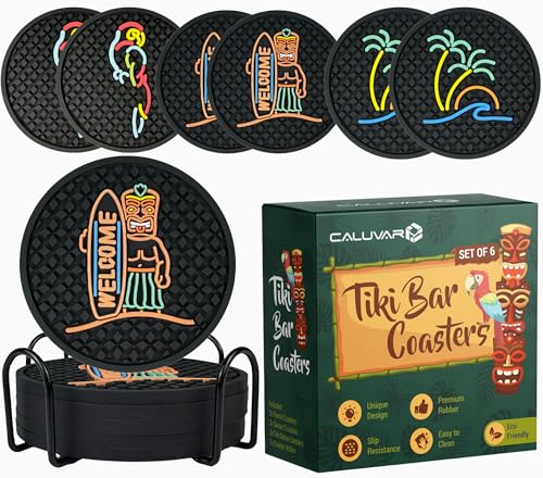 Tiki Bar Untersetzer 6er Set mit Halter, Tiki Bar Decor Silikon Untersetzer mit Surfbrett Krieger Welle & Palme und Papagei Designs Hawaii Dekor Schwarz Untersetzer Outdoor Tiki Bar Gummi Dekorationen von CALUVAR