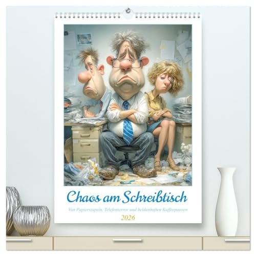 Chaos am Schreibtisch (hochwertiger Premium Wandkalender 2026 DIN A2 hoch), Kunstdruck in Hochglanz: Willkommen im Büro-Dschungel, wo Kaffeeflecken ... wenn es wichtig wird! (CALVENDO Menschen) von CALVENDO