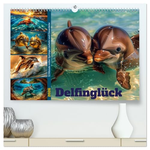 Delfinglück (hochwertiger Premium Wandkalender 2026 DIN A2 quer), Kunstdruck in Hochglanz: Mit ihren akrobatischen Sprüngen und neugierigen Blicken ... Wasser oder an der Wand. (CALVENDO Tiere) von CALVENDO