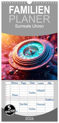 Familienplaner 2026 - Surreale Uhren mit 5 Spalten (Wandkalender, 21 cm x 45 cm), CALVENDO: Uhren, die Zeitmesser in surrealen Gemälden - KI generiert (CALVENDO Kunst) von CALVENDO