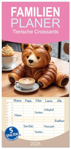 Familienplaner 2026 - Tierische Croissants mit 5 Spalten (Wandkalender, 21 cm x 45 cm), CALVENDO: Croissants im Café: Tierische Leckereien am Tisch (CALVENDO Lifestyle) von CALVENDO