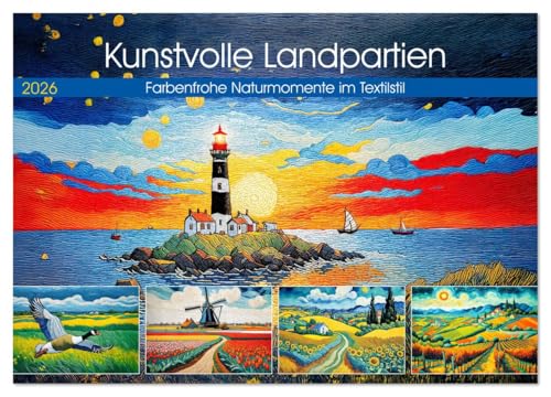 Kunstvolle Landpartien - Farbenfrohe Naturmomente im Textilstil (Wandkalender 2026 DIN A2 quer), CALVENDO Monatskalender: Lebendige Natur mit Meer, ... kreativen KI-Textilkunststil (CALVENDO Natur) von CALVENDO