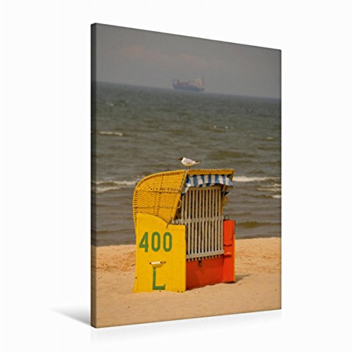 Premium Textil-Leinwand 60 x 90 cm Hoch-Format Strandkorb mit Möwe | Wandbild, HD-Bild auf Keilrahmen, Fertigbild auf hochwertigem Vlies, Leinwanddruck von Martina Berg von CALVENDO
