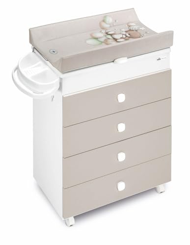 CAM Baby Mehrzweck-Wickelkommode Asia | für 0-12 Monate | Weiß Braun | inklusive Badewanne und Wickelunterlage von CAM