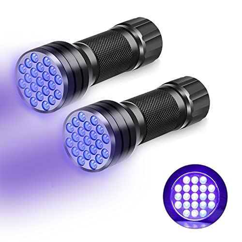 CAM2 Taschenlampe, 2 Stück Mini UV Schwarzlicht Taschenlampe mit 21 LEDs Licht, Ultraviolettes Licht mit 395nm für Geocaching, Heimtierurindetektoren(Ohne Batterie) von CAM2