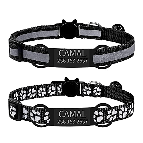 CAMAL 2 Stück Hundehalsband + 2 Stück Hundemarke mit Gravur Einstellen, mit Sicherheitsschnalle und Glocke Katzenkopf Einstellbar Haustierhalsband für Kleine Hund und Katzen,Personalisierbar(Schwarz) von CAMAL