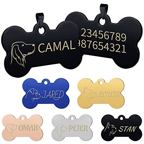 Hundemarke, CAMAL Hundemarke mit Gravur Doppelseitig, Hundeknochen für Verschiedene Hunde, Hunderasse-Avatar Optional (Klein, Schwarz) von CAMAL