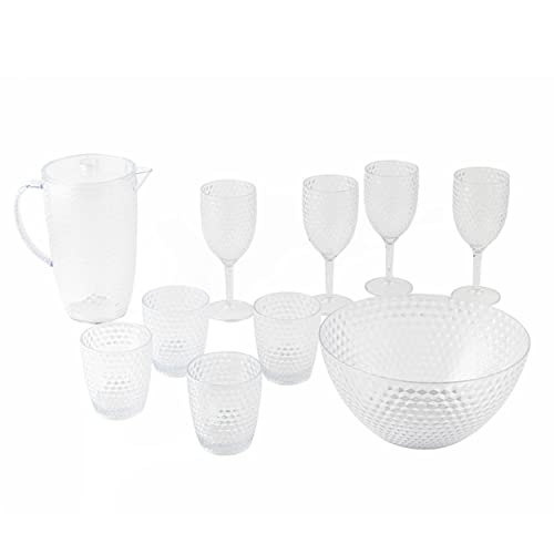 Cambridge COMBO-7985A Fete Essgeschirr Im Freien - 10-teilig Krug, Trinkgläser, Weingläsern und Schüssel Set, BPA-frei Kunstoff, Transparent Diamant-Design, Freien Partys, Ferienhäuser und Campen von Cambridge