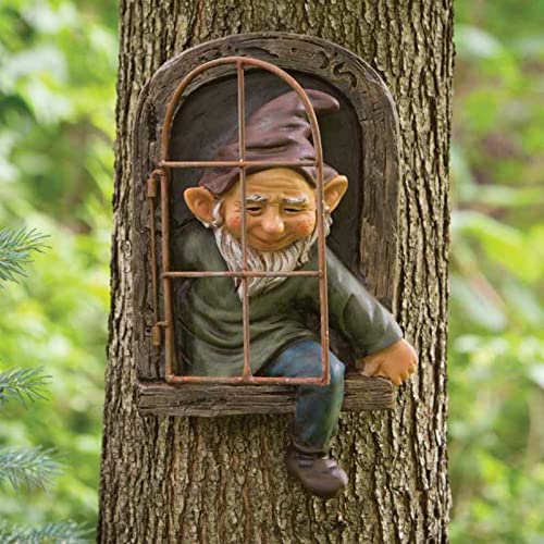 Gartenzwerg Ornament 14.5×15cm Wetterfest Garten GNOME Statue Baumstamm Deko Gartenfiguren Für Außen Fenster Und Tür Baumskulptur Kunstharz Wasserdicht Gartenwichtel Figur Baum Garten Dekorationen von CAMEIRGOU