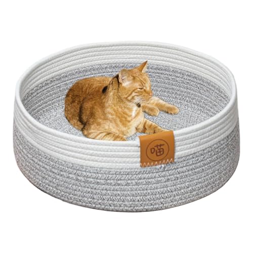 Katzenbett 40×15 Cm Waschbar Katzenkorb Aus Baumwollseilen Rund Haustierbett Handgefertigter Katzenkorb Atmungsaktives Faltbares Haustierbett Kratzfest Katzenbett Katzennest Für Hunde (Grau) von CAMEIRGOU