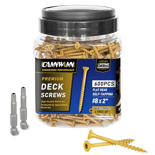 CAMNWAMN Deckschrauben #8 x 2, 600 Stück, Holzschrauben 5,1 cm, Epoxidbeschichtet, rostbeständige Außenschrauben, Torx-Antriebskopf, T25-Stern-Bit im Lieferumfang enthalten, hellbraune von CAMNWAMN