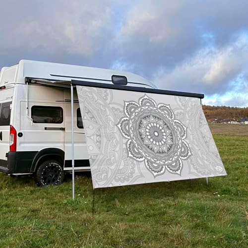 CAMPIDOO Textil Sonnensegel Mandala Grau | Höhe 200cm | hochwertiger Fotodruck inkl. Keder-Befestigung | Markisen-Vorderwand - Länge/Keder: 280cm / 5 mm von CAMPIDOO