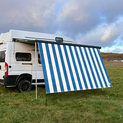 CAMPIDOO Textil Sonnensegel Stripe Weiß/Blau | Höhe 200cm | hochwertiger Fotodruck inkl. Keder-Befestigung | Markisen-Vorderwand - Länge/Keder: 450cm / 5 mm Keder (z.B. für Thule) von CAMPIDOO