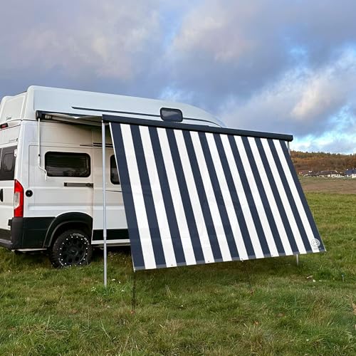 CAMPIDOO Textil Sonnensegel Stripe Weiß/Navy | Höhe 200cm | hochwertiger Fotodruck inkl. Keder-Befestigung | Markisen-Vorderwand - Länge/Keder: 380cm / 5 mm Keder (z.B. für Thule) von CAMPIDOO