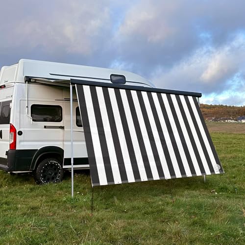 CAMPIDOO Textil Sonnensegel Stripe Weiß/Schwarz | Höhe 200cm | hochwertiger Fotodruck inkl. Keder-Befestigung | Markisen-Vorderwand - Länge/Keder: 580cm / 5 mm Keder (z.B. für Thule) von CAMPIDOO