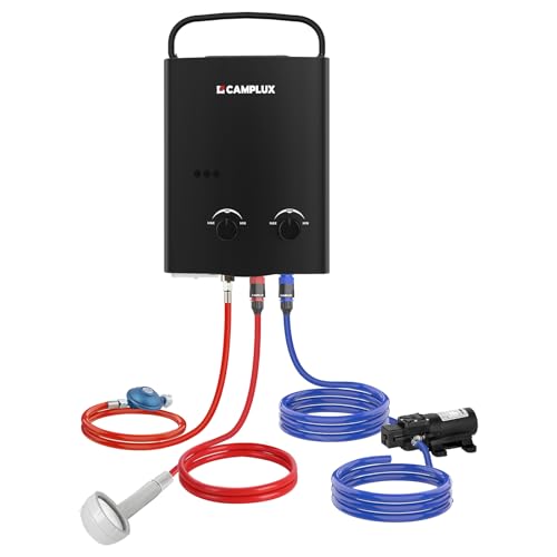 CAMPLUX AY132BP43-DE 5 Liter Gasdurchlauferhitzer mit 4,3L Wasserpumpe, Tankloser LPG Wassererhitzer mit Klappbarem Griff, für Camping Dusche/RV Reise/Waschen Pferd, Schwarz, 50mbar von CAMPLUX