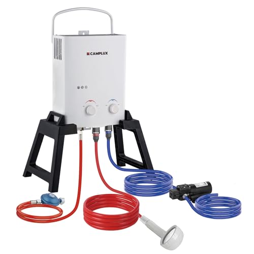 CAMPLUX 5 Liter Gasdurchlauferhitzer mit Stütz & Wasserpumpe, LPG, 50mbar, für Campingdusche/Wohnmobilausflug, AY132Max-DE mit Tragetasche von CAMPLUX