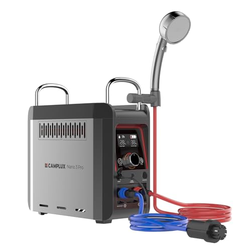 CAMPLUX Mobiler Gasdurchlauferhitzer mit Wasserpumpe und Griff Nano 3 Pro, 3 L/min, 12 Volt, Butan (28-30 mbar)/ Propan (37 mbar), für Campingdusche von CAMPLUX