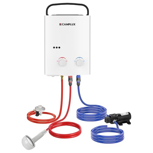 CAMPLUX AY132P43 5 Liter Gasdurchlauferhitzer mit 4,3L Wasserpumpe, Tankless LPG Durchlauferhitzer mit Tragbarer Griff, für Campingdusche/Pferdedusche, Butan-/ Propangas, 10kW, 28-37mbar von CAMPLUX