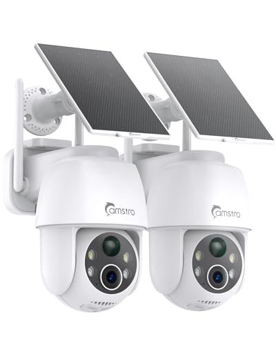 CAMSTRO 2Pcs 2K Überwachungskamera Aussen Solar Akku, 360° PTZ WLAN Kamera Kabellos mit PIR Bewegungsmelder, 5200-mAh Nicht Entfernbarer Akku, Farb-Nachtsicht, 2-Wege-Audio, Cloud/SD Storage von CAMSTRO