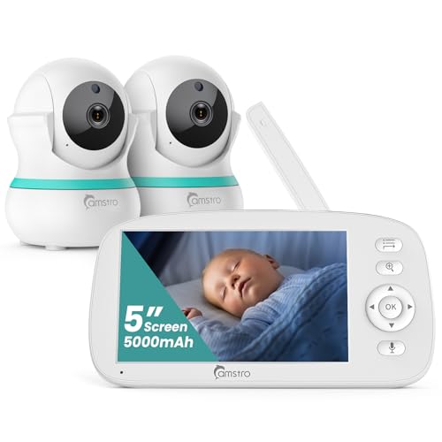 CAMSTRO Babyphone mit 2 Kameras, 5000 mAh Akku mit 5 Zoll Bildschirm, 355° Schwenken- 4X-Zoom, Babyfone ohne WLAN, 2 Wege Audio, Weinen/Geräuscherkennung, 5 Schlaflieder, Nachtsicht, Temperatur von CAMSTRO