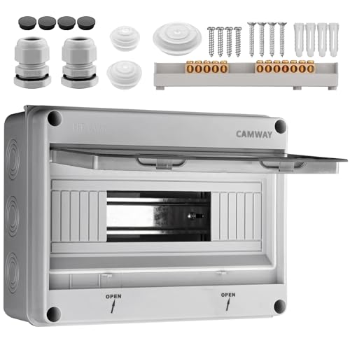 CAMWAY Sicherungskasten Aufputz 1-Reihig 12 Module, Verteilerkasten Aufputz IP65 Waterproof, Verteilerkasten mit umlaufender Dichtung und Messingklemmen,Sicherungskasten für Garten oder Außenbereichen von CAMWAY