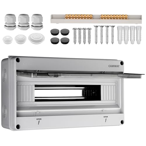 CAMWAY Sicherungskasten Aufputz 1-Reihig 18 Module, Verteilerkasten Aufputz IP65 Waterproof, Verteilerkasten mit umlaufender Dichtung und Messingklemmen,Sicherungskasten für Garten oder Außenbereichen von CAMWAY