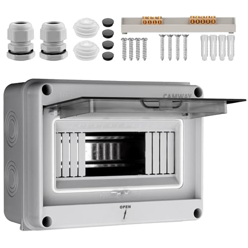 CAMWAY Sicherungskasten Aufputz 1-Reihig 8 Module, Verteilerkasten Aufputz IP65 Waterproof, Verteilerkasten mit umlaufender Dichtung und Messingklemmen,Sicherungskasten für Garten oder Außenbereichen von CAMWAY