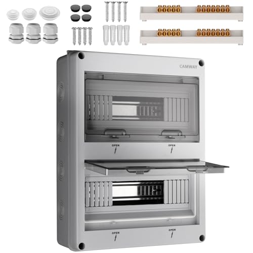 CAMWAY Sicherungskasten Aufputz 2-Reihig 24 Module, Verteilerkasten Aufputz IP65 Waterproof, Verteilerkasten mit umlaufender Dichtung und Messingklemmen,Sicherungskasten für Garten oder Außenbereichen von CAMWAY