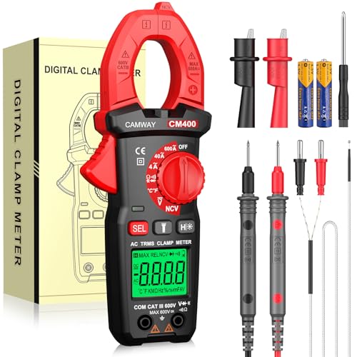 CAMWAY Stromzange, Digitales Strommessgerät AC Strom 600A 4000 Counts True-RMS Zangenmultimeter, Auto-Ranging LCD Spannungsprüfer misst Spannung Strom Widerstand NCV Dioden Kapazität Temperatur von CAMWAY