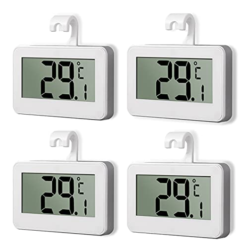 Kühlschrank Thermometer, CAMWAY 4 PCS Digitale Gefrierschrank Thermometer Magnetisch, Zimmer Kühlschrank Thermometer LCD Anzeige, wasserdicht Zimmerthermometer mit Haken Frostalarmfunktion von CAMWAY