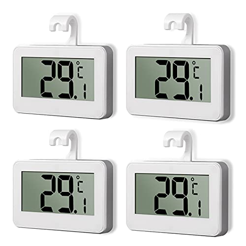 Kühlschrank Thermometer, CAMWAY 4 PCS Digitale Gefrierschrank Thermometer Magnetisch, Zimmer Kühlschrankthermometer LCD Anzeige, wasserdicht Zimmerthermometer mit Haken Frostalarmfunktion von CAMWAY