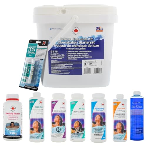 CANADIAN SPA CO. Wasserpflege Set Deluxe 8-teilig mit Chlorgranulat, pH Heber und Senker, Alkalinität Heber, Schaum Entferner, Kalkentferner, Whirlpool Klar und Teststreifen, Poolpflege Set von CANADIAN SPA CO.