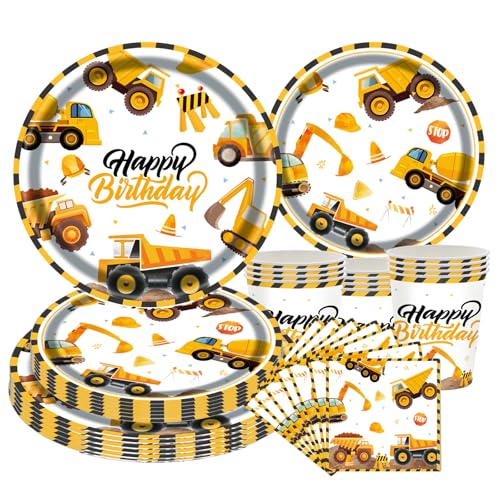 Baustelle Regenbogen Partygeschirr Set,Baustelle Geburtstag Geschirr Party Deko mit Papier Teller Becher Servietten für Baustelle Party Kindergeburtstag Baustelle Partyzubehör Dekoration Set von CANCJ