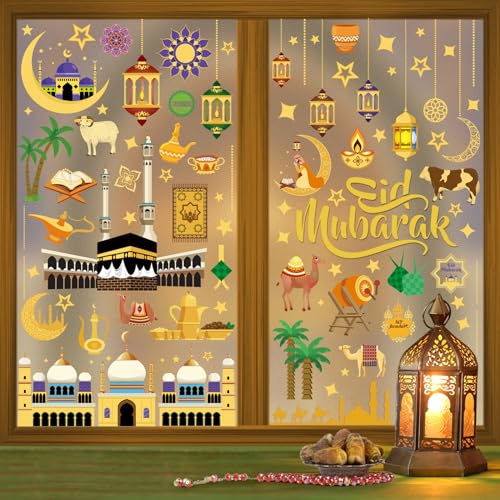Fensterbilder Ramadan,9 Stück Eid Mubarak Fensterbilder Eid Mubarak Selbstklebend Ramadan Sticker,Fenster Muslim Deko Fenstersticker Stern Halbmond Fenster Aufkleber Fensterdeko für Dekoration von CANCJ