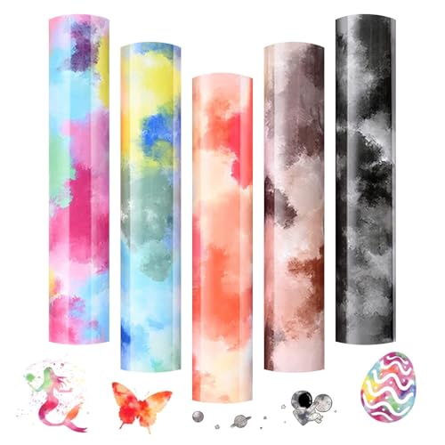 CANCYCC Tie Dye Plotterfolie Textil Heat Transfer Vinyl, 30.5 cm*25.5 cm flexfolie plotter textil für selbstgemachte T-Shirts, Mützen, Kleidung, Regenbogen-HTV Vinyl, Aquarell, DIY-Projekte von CANCYCC