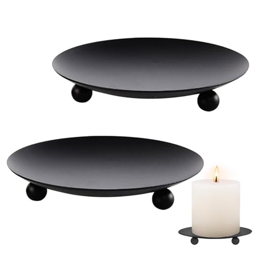 Kerzenhalter Stumpenkerzen 2er Set, 9cm Kerzenuntersetzer, Rund Candle Holder, Tischkerzenhalter, Teelichthalter Metalln, Kerzenständer Schwarz für Tischdekoration Hochzeit Party, Deko, Adventskranz von CANCYCC