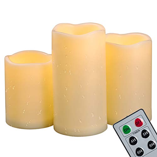 3 Stück 10 cm, 13 cm, 15 cm Wasserdicht LED-Stumpenkerzen mit Fernbedienung und Timer, Batteriebetrieben Flackernde Flammenlose Kunststoff-Kerzen für Außenbereich Terrasse Garten Laternen Dekor von CANDLE IDEA