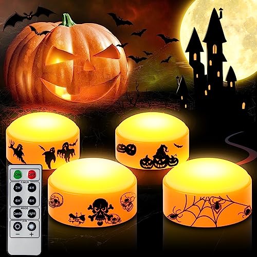 CANDLE IDEA 4 PCS Halloween LED Kürbis Lichter mit Timer und Fernbedienung, batteriebetriebene Jack-O-Laterne orange Licht für Halloween Dekor, flammenlose Kerzen für Kürbis Dekoration von CANDLE IDEA