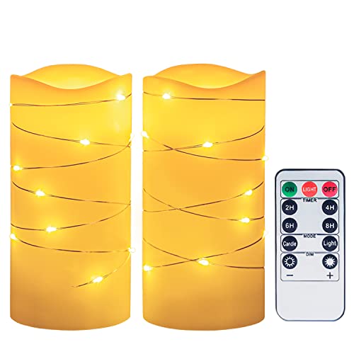 Flammenlose Kerzen, batteriebetrieben, 7,6 x 15,2 cm, weiße LED-Lichter, gewickelt um Echtwachs-Stumpenkerzen mit Fernbedienung und Timer, 2 Stück von CANDLE IDEA